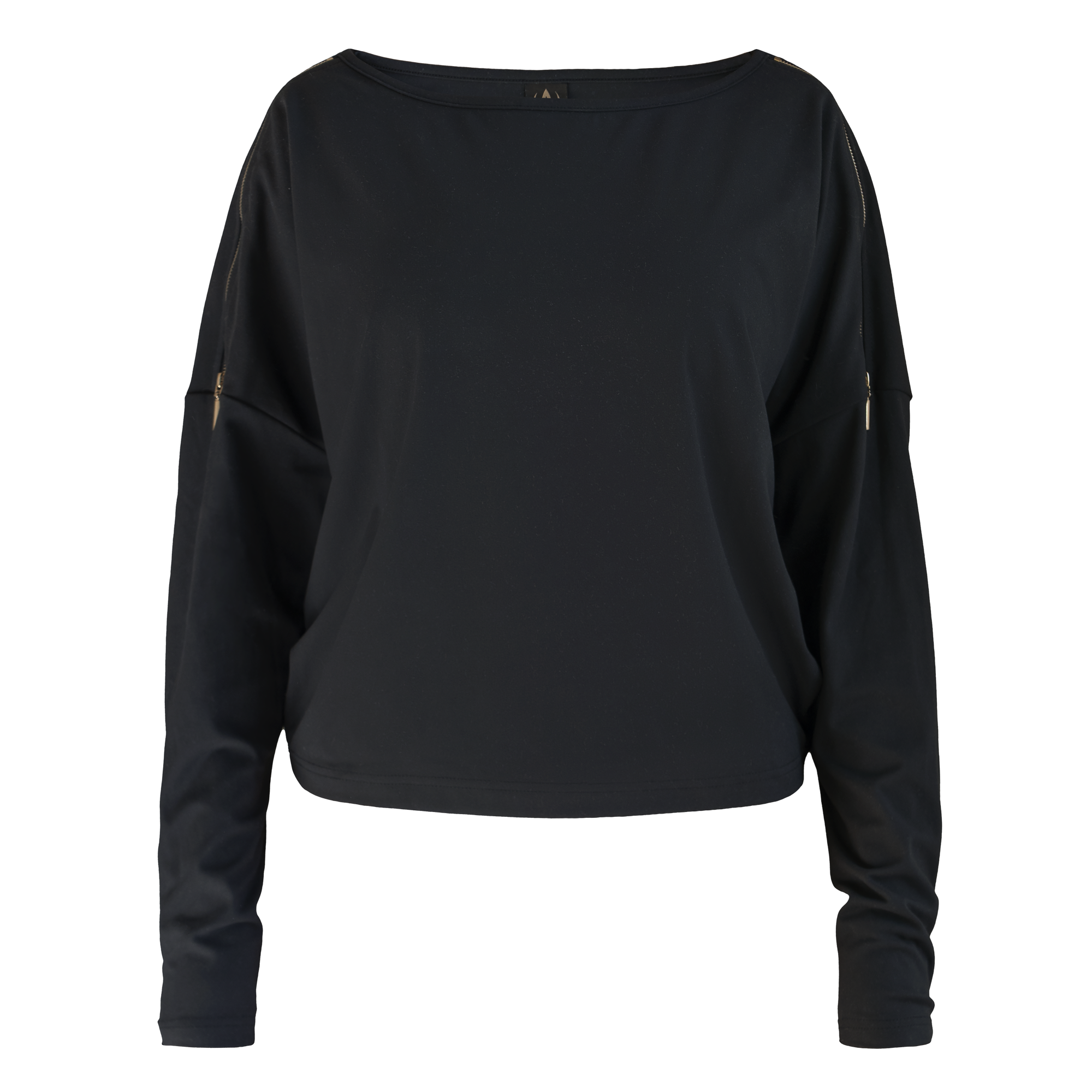 Edge Casual Zip Sweater frilagd framifrån. Svart med vid halsringning, släppta axlar och lång ärm.
