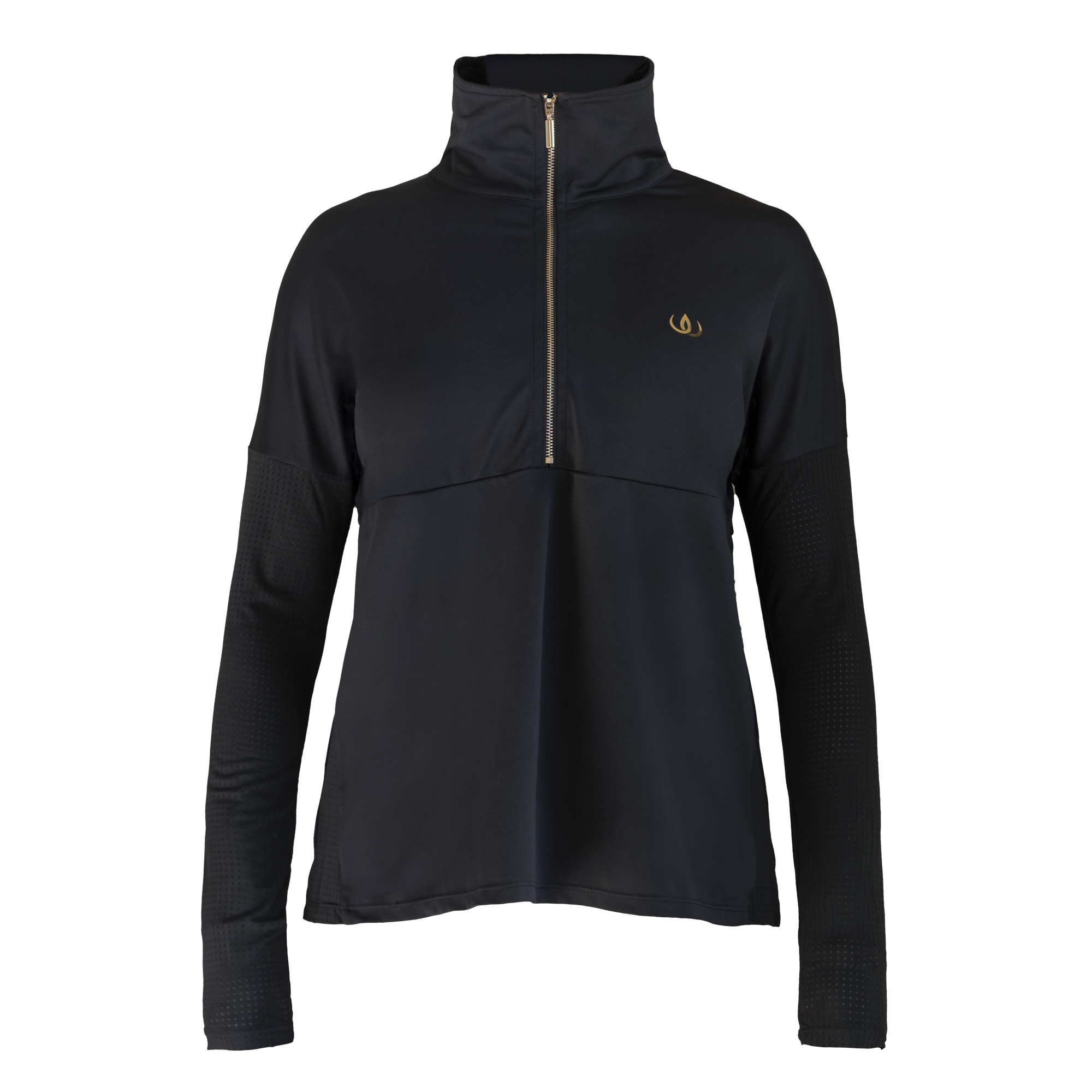 Edge Half Zip Träningströja frilagd framifrån. Svart med hög krage, guldfärgad dragkedja ner till bröstet och liten guldlogga.