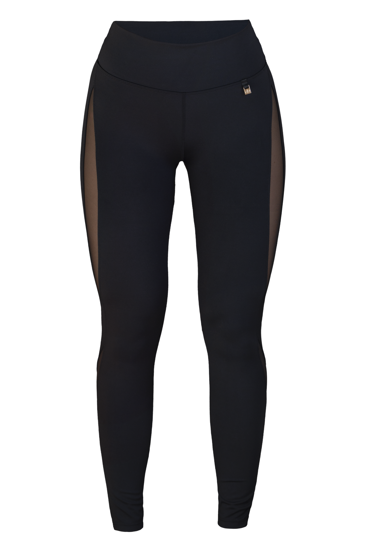 Edge Mesh Sculpting Tights frilagda framifrån. Svarta med meshpanel längs benets utsida och hög midja.