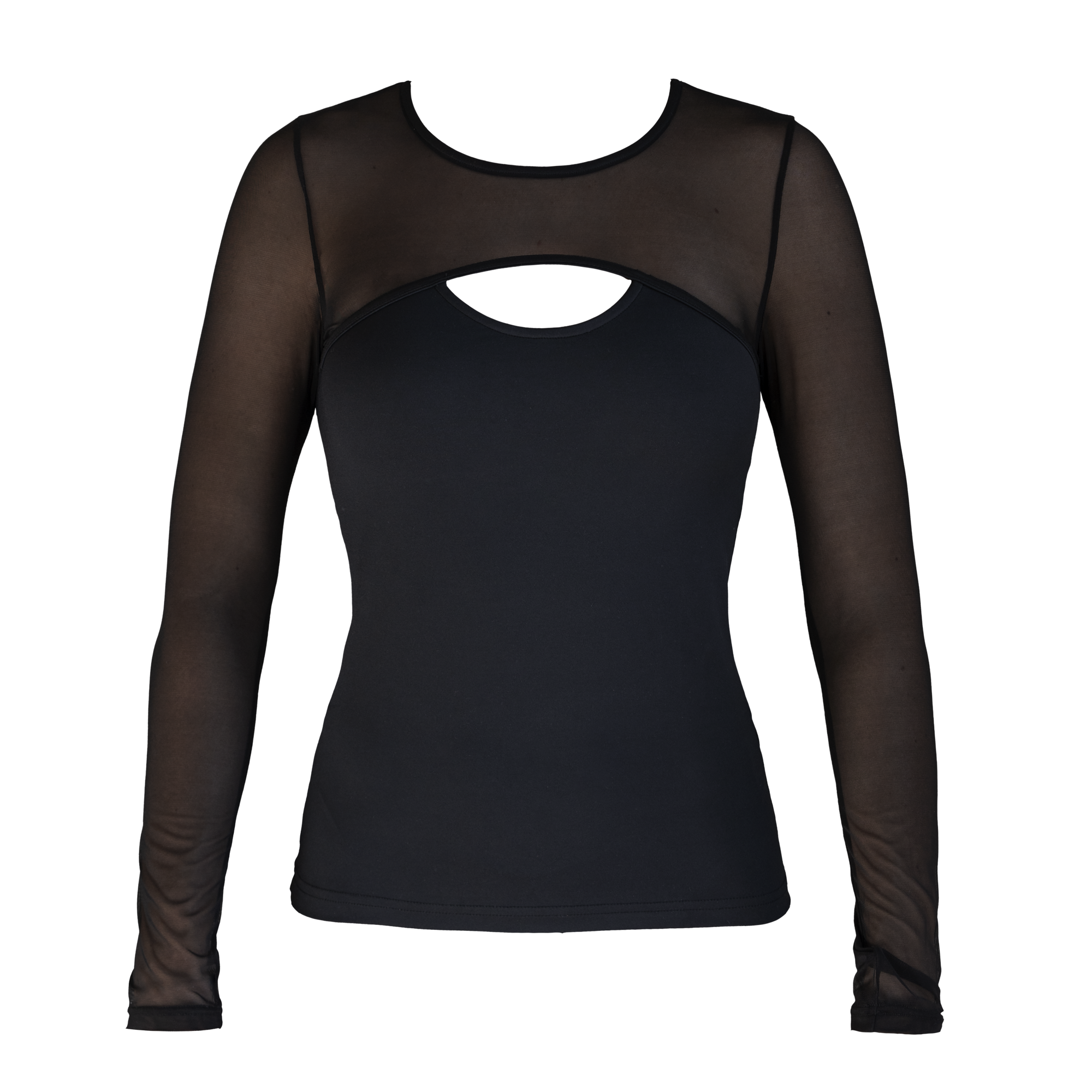 Edge Långärmad Mesh Tröja frilagd framifrån. Svart med mesh över axlarna och ärmarna och en öppning vid nyckelbenet.
