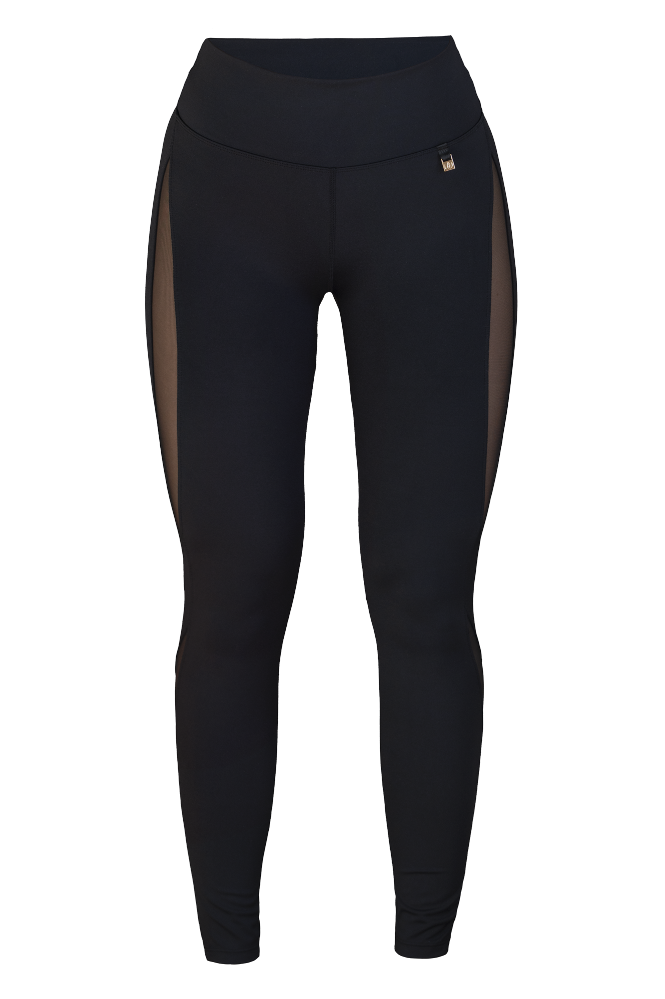 Edge Mesh Sculpting Tights frilagda framifrån. Svarta med meshpanel längs benets utsida och hög midja.