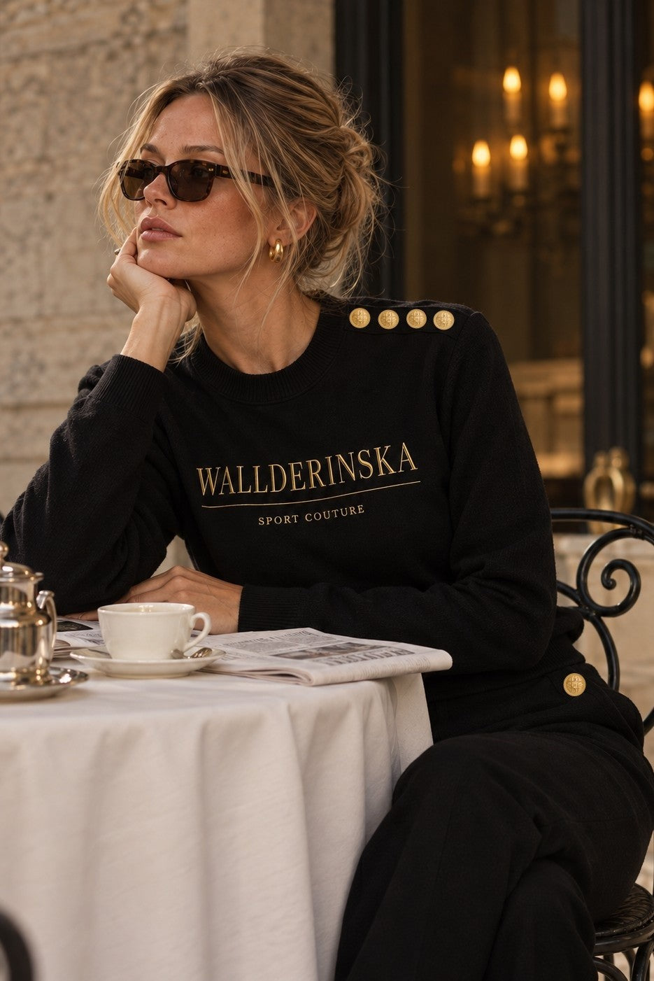Edge Gold Button Sweater i svart på ett kafé, med guldknapparna på axeln.