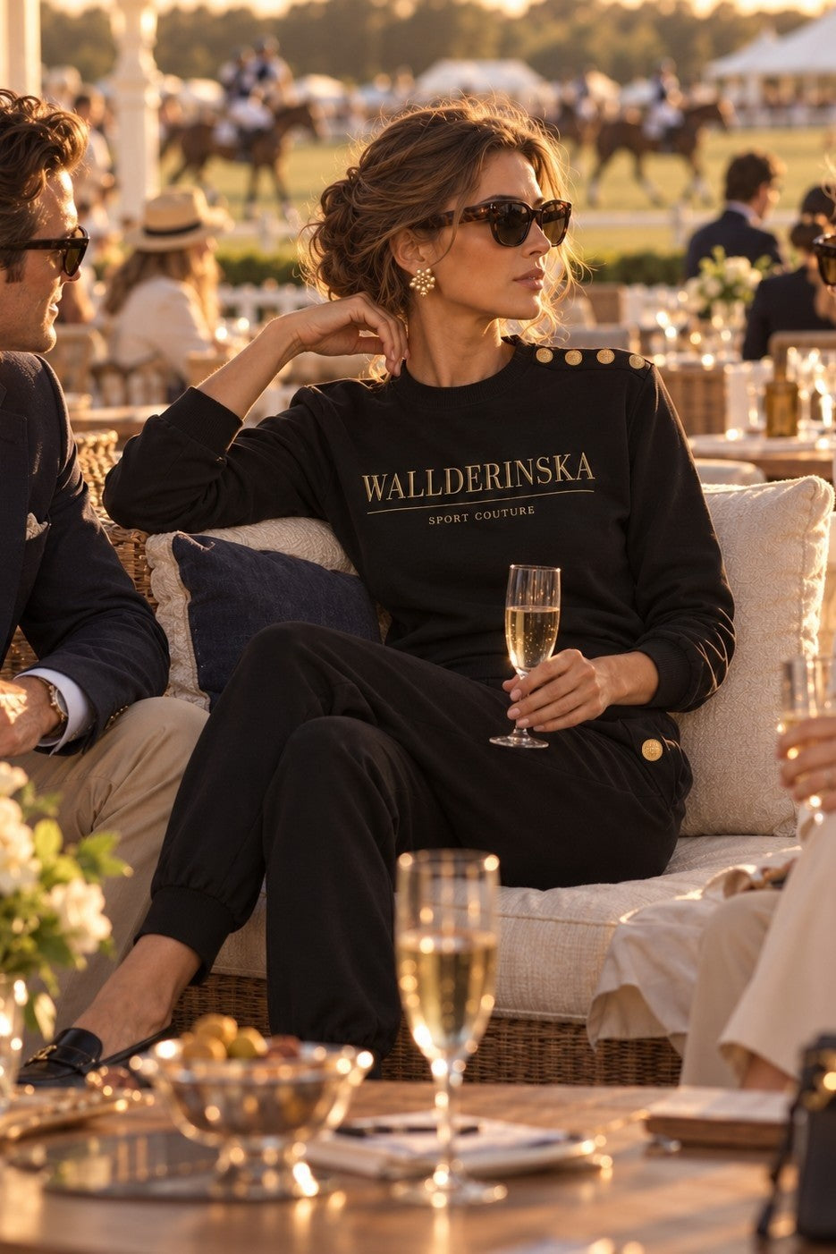 Edge Gold Button-setet i svart på en polomatch i kvällssol, med ett glas champagne.